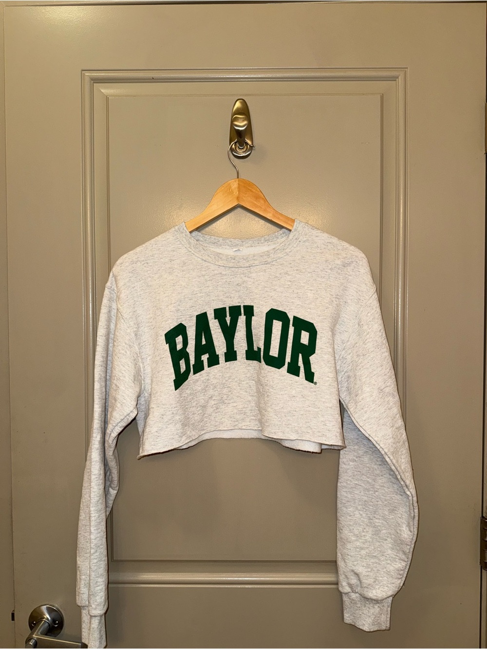 Baylor Cropped Crewneck Sweatshirt - Light Heather Gray with Green Logo